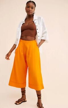 Anthropologie Maeve Linen Pleat-Front Wide-Leg Culottes Orange Pants 6